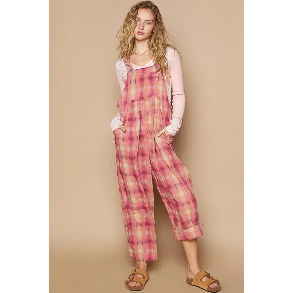POL Red Pink Washed Cotton Plaid Overalls - Picture 2 of 7